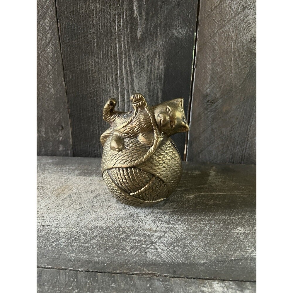 Vintage Brass Cat on Yarn Ball Figurine Playful Kitten Statue Metal Bank Decor